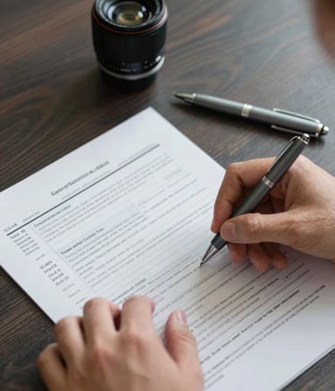 A close-up photograph of professional hands reviewing a tax document on a dark slate wooden desk. A muted petrol colored pen rests nearby. The lighting is focused and clear, conveying a sense of meticulous attention to detail and modern reliability.