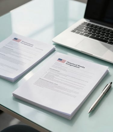 A bright and airy photograph of a modern office workspace with a sleek laptop and neatly organized US business incorporation documents. The scene is decorated with soft teal accents and bathed in natural light, reflecting efficiency and professional support.