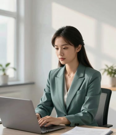 A professional psychologist sitting comfortably in a modern office with a laptop, wearing a muted forest teal blazer. The background features crisp snow white walls and a soft misty blue accent, with warm morning sunlight filling the room.