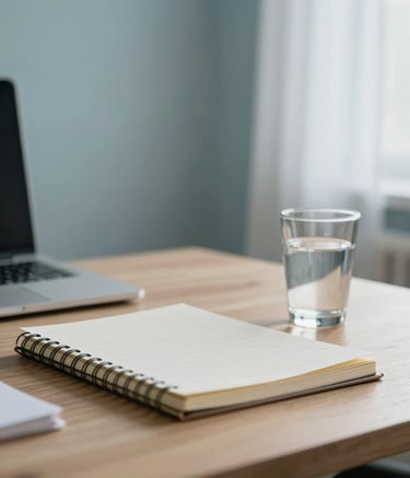 A close-up photograph of a professional workspace featuring a notebook and a glass of water on a light wood desk, with soft misty blue walls and crisp snow white curtains in the background. The lighting is soft and natural, creating a sense of calm and confidentiality.