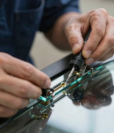 Close-up photography of a professional technician's hands using a specialized glass repair bridge to inject clear resin into a windshield chip. Soft North American daylight reflects off the glass, with hints of dark blue from the technician's uniform.