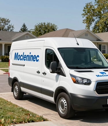 A professional white mobile service van with medium blue branding parked on a sunny North American suburban driveway. The scene is bright and clean, emphasizing convenience and professional service.