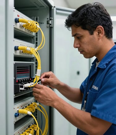 South American technician in professional uniform working on a modern fiber optic cabinet in a bright, clean environment, focused and precise work.