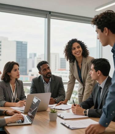 A diverse team of South American professionals collaborating in a bright, modern corporate office in Brazil, with a view of a metropolitan skyline in the background, sharp focus, professional lighting.
