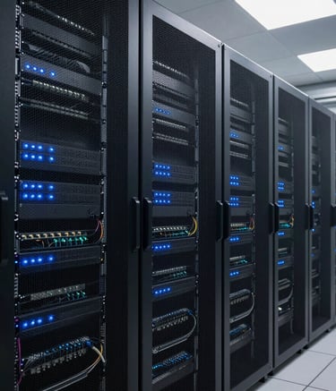 Clean and modern data center interior in Brazil, featuring rows of server racks with subtle blue glowing indicators, organized cabling, and a professional, tech-focused atmosphere.