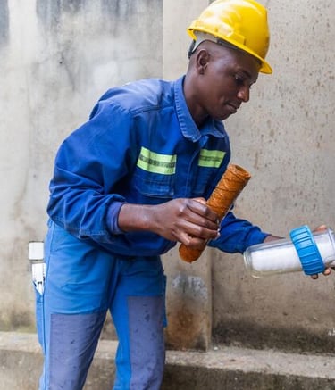 Professional plumber in uniform and hard hat replacing a dirty sediment water filter cartridge.