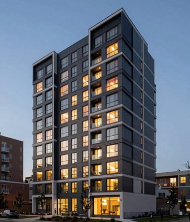 A wide-angle architectural photograph of a sleek, contemporary multi-family residential building in a prime North American suburb. The scene is captured at dusk, with warm light glowing from within and a steel blue sky above.