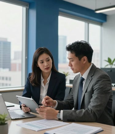 A high-end lifestyle photograph of two professionals in a bright, modern North American office suite. They are discussing investment strategies over a tablet and documents. The room features steel blue accents and large windows looking out onto a clean urban skyline under soft morning light.