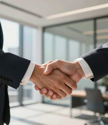 A close-up photograph of a professional handshake between two consultants in a sun-drenched, high-end Melbourne office. The background is soft-focus with clean architectural lines, evoking a sense of trust and established partnership within an Australian corporate setting.
