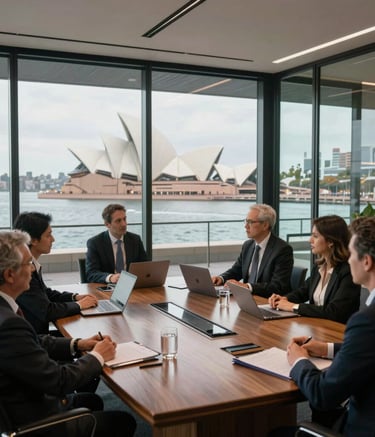 A collaborative team of experts meeting in a modern, sophisticated boardroom in Sydney. Large glass windows overlook the harbor, with soft natural light illuminating a diverse group in professional attire, reflecting deep expertise and Australian sensibility.