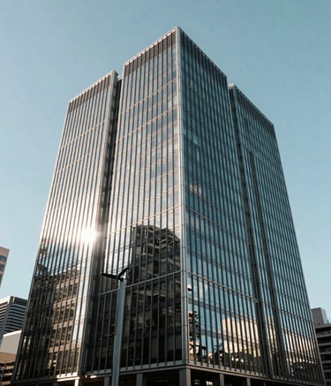 Wide shot of a sleek, modern glass office building in a major Australian city. The sky is a clear pale blue, and the bright sunlight reflects off the sophisticated architecture, signifying established professionalism and success.