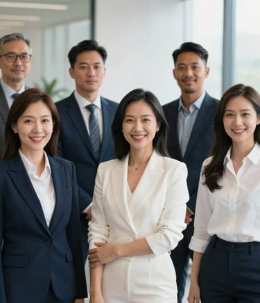 A diverse group of employees in a modern office setting, representing PME and MEI clients, wearing Cloud White and Deep Navy Blue professional attire. The lighting is bright and natural, reflecting a trustworthy and accessible business environment.