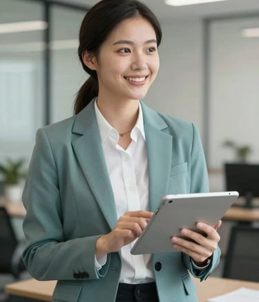 A professional health insurance consultant in a clean, modern office, smiling and looking accessible. They are wearing a Muted Teal blazer over a Cloud White shirt, holding a digital tablet to suggest modern efficiency.