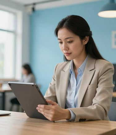 A South American professional in a smart-casual business outfit, using a high-end tablet in a modern coworking space. Bright, airy environment with tech accents in sky blue. Natural lighting, professional corporate photography.