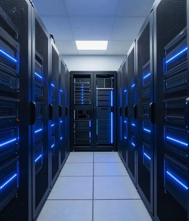 Ultra-modern data center corridor with sleek server racks. Soft sky blue and royal blue LED light strips illuminating the dark navy equipment. High-standard technological environment, professional photography, symmetrical composition.