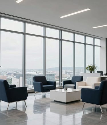 A high-standard South American corporate office interior with floor-to-ceiling windows. Professional atmosphere, soft daylight reflecting on polished floors, elegant furniture in navy and white tones. Photography, wide shot, sharp focus.