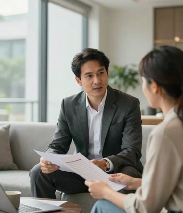 Professional real estate consultant in a sharp suit discussing property plans with a client in a bright, modern Faridabad apartment lounge. Sunlight streams through large windows. The interior features subtle #A9B79B and #F1F4EE tones, exuding approachable authority and trust.