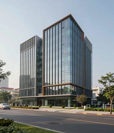 A wide-angle, clean architectural shot of a contemporary commercial building in Faridabad under a clear sky. The design is modern with glass and steel, incorporating #2C3E20 and #5B824E in the surrounding landscaped greenery, conveying stability and reliability.