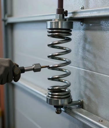 Close-up of a heavy-duty steel garage door torsion spring being adjusted by a professional tool, North American workshop setting, industrial lighting, clean slate gray and muted blue tones.