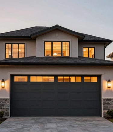 A modern North American luxury home with a dark slate gray designer garage door, wide-angle exterior shot during sunset, warm interior lights glowing through windows, professional architectural photography.