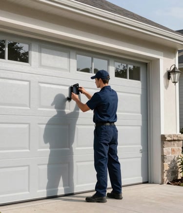 A professional technician in a clean navy uniform inspecting a modern aluminum garage door in a North American suburban driveway, bright daylight, high-quality photography.