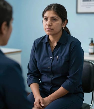 Photography of a compassionate counselor in a professional South American / Peruvian funeral service office. The professional is dressed in dark navy, sitting in a room with very light blue wall accents, conveying empathy and support.