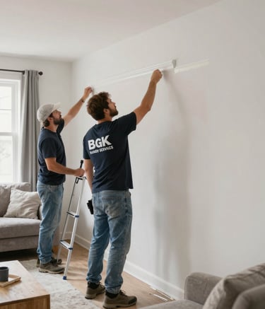A handyman repairing a door frame inside a cozy living room.