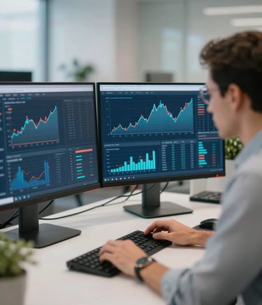 A high-tech workspace featuring a financial professional analyzing data on multiple clean monitors. The interface shows strategic growth charts. The aesthetic is sleek and professional, incorporating a color palette of #0F1E2E and #7AB2B2 in the digital displays and office decor.