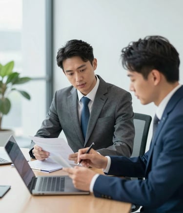 A professional business meeting in a bright, modern corporate boardroom. Two consultants are reviewing documents and a laptop, exuding confidence and professionalism. The scene is lit with clean, natural light. Subtle accents of #21598B and #0F1E2E are present in the professional attire and modern furniture.