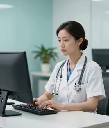 A professional healthcare manager working in a modern US office setting, using a sleek computer, with soft light aqua decor and a clean, efficient atmosphere, high-end commercial photography.