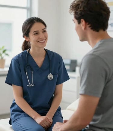 A compassionate healthcare provider in North American scrubs interacting warmly with a patient in a bright, clean clinic room, professional photography with soft natural lighting and sophisticated composition.