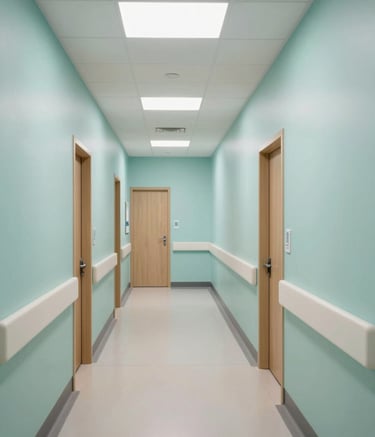 A professional medical office hallway in a modern North American hospital, featuring clean lines, soft lighting with light aqua and pale mint accents, and high-quality architectural photography style.