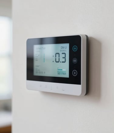 Close-up photography of a modern digital smart thermostat mounted on a clean pale frost white wall in a North American / US residence. Soft, natural morning light reflecting off the screen, conveying efficiency and modern tech.