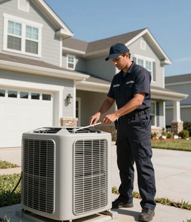 Wide-angle photography of a professional HVAC technician in a clean dark slate navy uniform inspecting a high-end external AC unit outside a modern North American / US suburban home. Clear blue sky, clean and professional atmosphere.