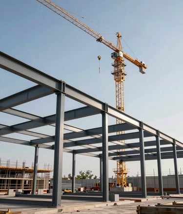 A professional wide-angle photograph of a modern commercial construction project in progress in a North American setting. Steel beams and a towering crane are visible against a crisp, clear sky. The site is impeccably organized, exuding strength and precision.