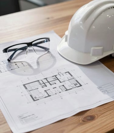 A close-up photograph of architectural blueprints spread across a clean wooden table in a North American professional office. A white hard hat and a pair of professional safety glasses sit beside the documents. The lighting is bright and natural, reflecting a clean, sophisticated atmosphere.