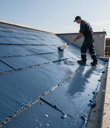 A wide-angle professional photograph of a residential terrace being treated with a slate blue waterproof coating. The applicator wears a dark navy uniform. Clear sky, sharp focus on the texture of the durable material.