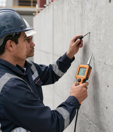 A close-up shot of two professional engineers in dark navy and slate blue safety gear inspecting a commercial building foundation. They are holding professional diagnostic tools against a pale mist grey concrete wall.