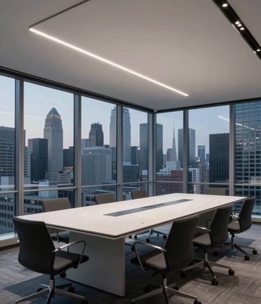 A wide-angle shot of a minimalist, tech-focused conference room in a North American / US skyscraper, floor-to-ceiling windows showing an urban skyline at dusk, interior lighting is Muted Blue-Grey and Off-White.