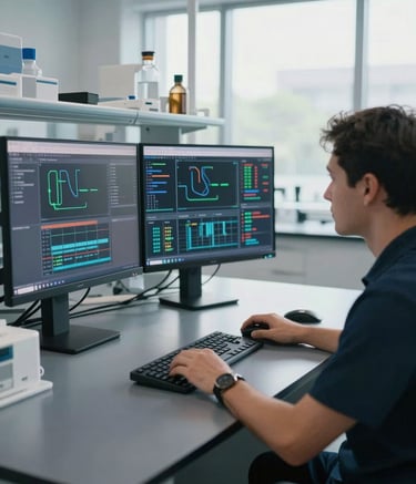 A clean, bright North American / US lab setting where a professional is monitoring complex data on high-resolution screens, sleek Charcoal desk, diffused natural daylight through large windows.