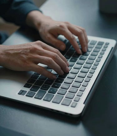Close-up of a person's hands typing on a high-end minimalist keyboard in a North American / US tech office, soft Muted Blue-Grey light reflecting off a Dark Navy metallic surface.