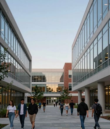 A wide-angle photography shot of a modern North American / US university campus courtyard. Students are walking between contemporary buildings with glass facades that reflect the dusty blue sky, featuring clean lines and a professional, inviting atmosphere.