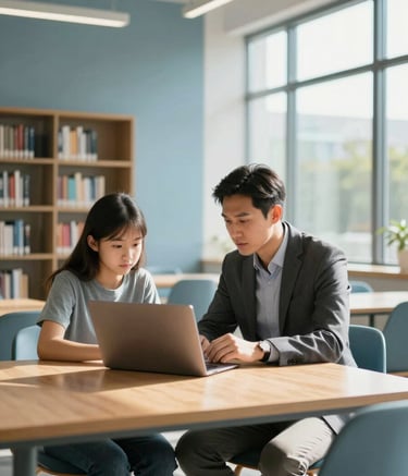 A focused professional mentor and a student collaborating in a bright, modern North American / US library setting. They are sitting at a sleek wooden table with a laptop, surrounded by soft pale blue and steel blue decor, with warm sunlight streaming through large windows.