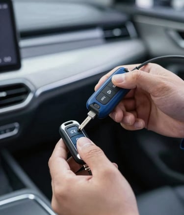 A close-up of a technician's hand using a high-tech electronic tool to program a modern car key fob inside a vehicle. The scene is lit with clean, bright light, emphasizing precision and technology. The color palette includes #1B263B and #415A77 for a professional, automotive feel.