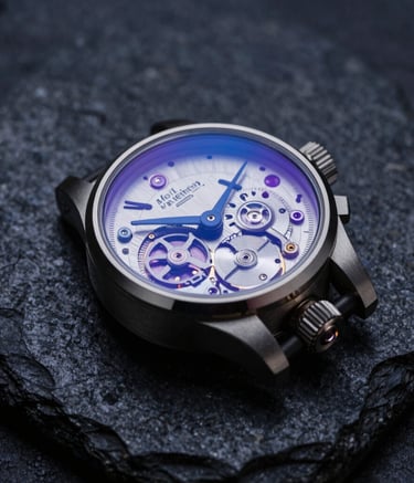 A close-up photograph of a luxury high-end mechanical instrument on a dark, textured stone surface. The lighting is low and controlled, featuring subtle steel blue and soft violet highlights, reflecting a mood of precision and North American luxury.