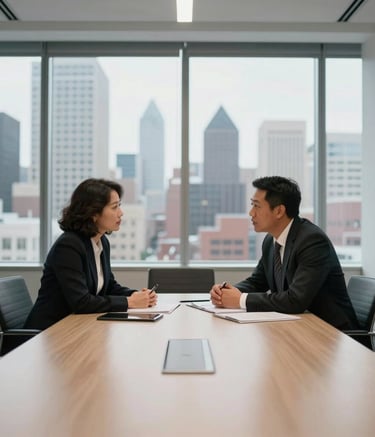 Two professionals in North American business attire engaged in a focused discussion within a minimalist Minneapolis boardroom. The composition is clean and structured, with views of an urban skyline through large floor-to-ceiling windows.