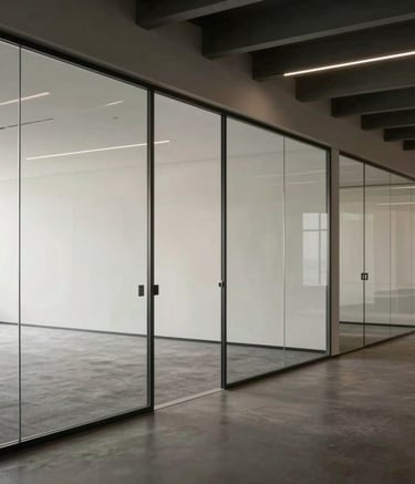 A wide shot of a minimalist, high-end North American office interior with clean glass partitions and steel beams. The lighting is soft and natural, emphasizing a professional and focused atmosphere with neutral soft white and deep charcoal tones.