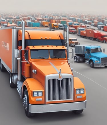A convoy of trucks driving through a vibrant African landscape at sunrise.