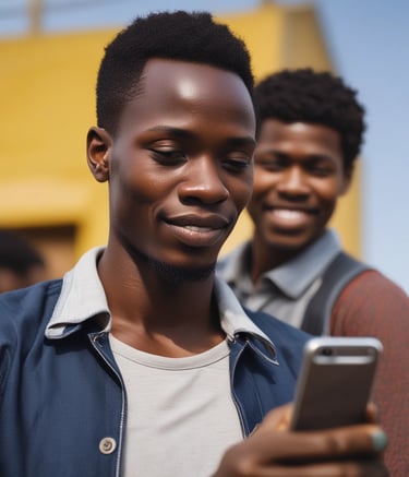 A group of truckers gathered around a tablet sharing route information.