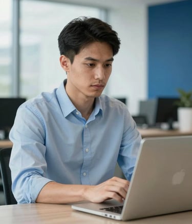 A professional in a modern North American / Quebecois office environment focusing on a laptop screen, with soft daylight and hints of Pale Blue and Deep Blue in the decor. Professional and clean aesthetic.